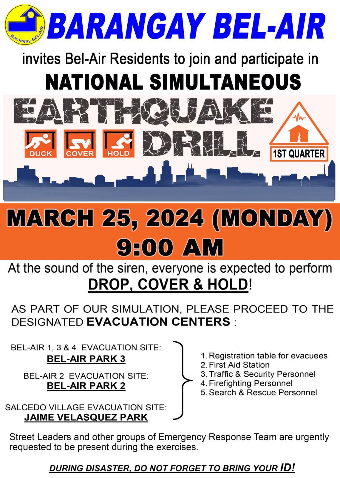 There will be a National Earthquake Drill this coming Monday, March 25, 2024 at 9AM. We are trying to simulate a Real Life Earthquake Scenario